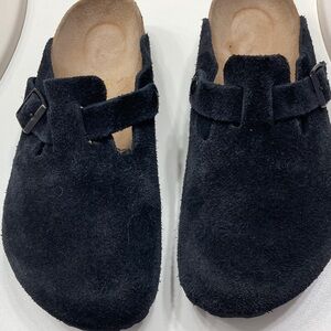 Birkenstock Black Suede Slip-On Clog with Buckle Accent